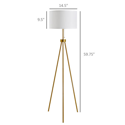 59.75-Inch Standing Floor Lamp with Fabric Shade, Steel Tripod, E26 Socket, 14.5-Inch Shade, 120V Gold