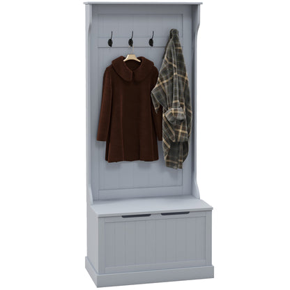 3-in-1 Entryway Hall Tree with Storage Bench, Coat Rack, 4 Hooks, Shoe Storage, MDF Gray