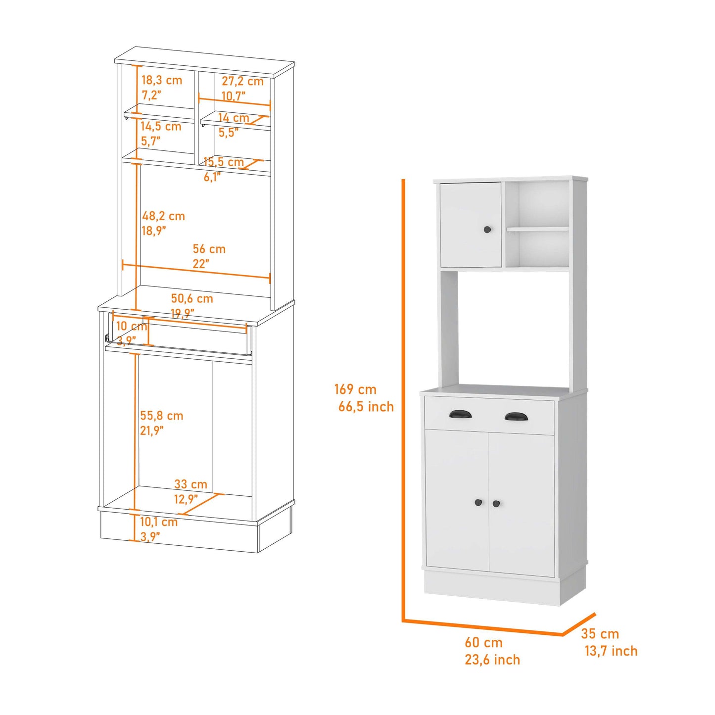 3-Door White Microwave Kitchen Cabinet with Drawer and Storage Shelves