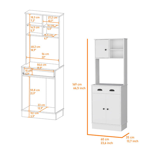 3-Door White Microwave Kitchen Cabinet with Drawer and Storage Shelves