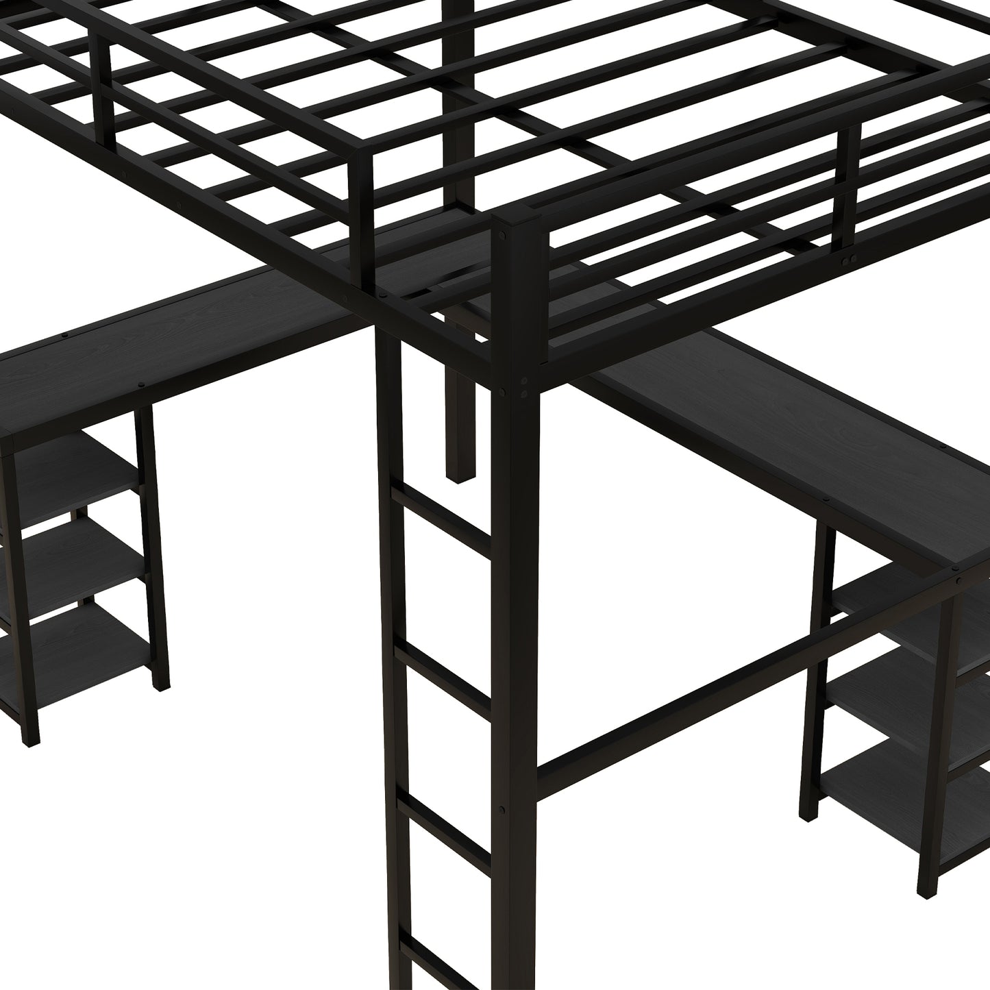 Stylish Black Metal Loft Bed with Integrated Desk and Storage Shelves