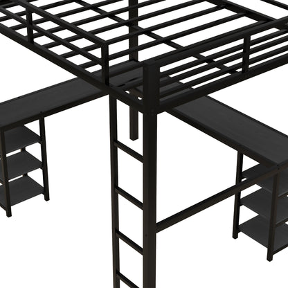Stylish Black Metal Loft Bed with Integrated Desk and Storage Shelves