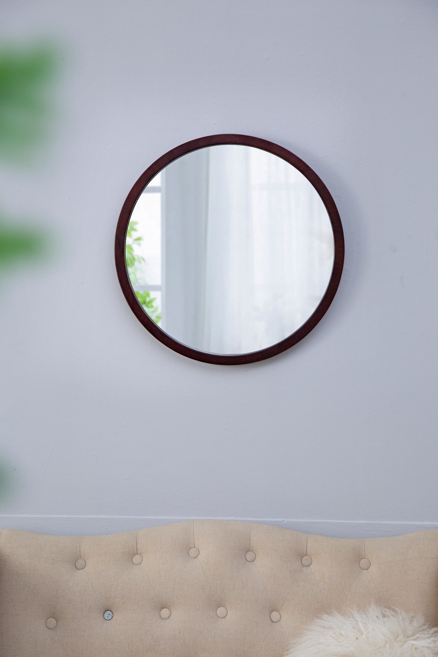 20-Inch Round Wall Mirror with Walnut Frame for Modern Home Decor