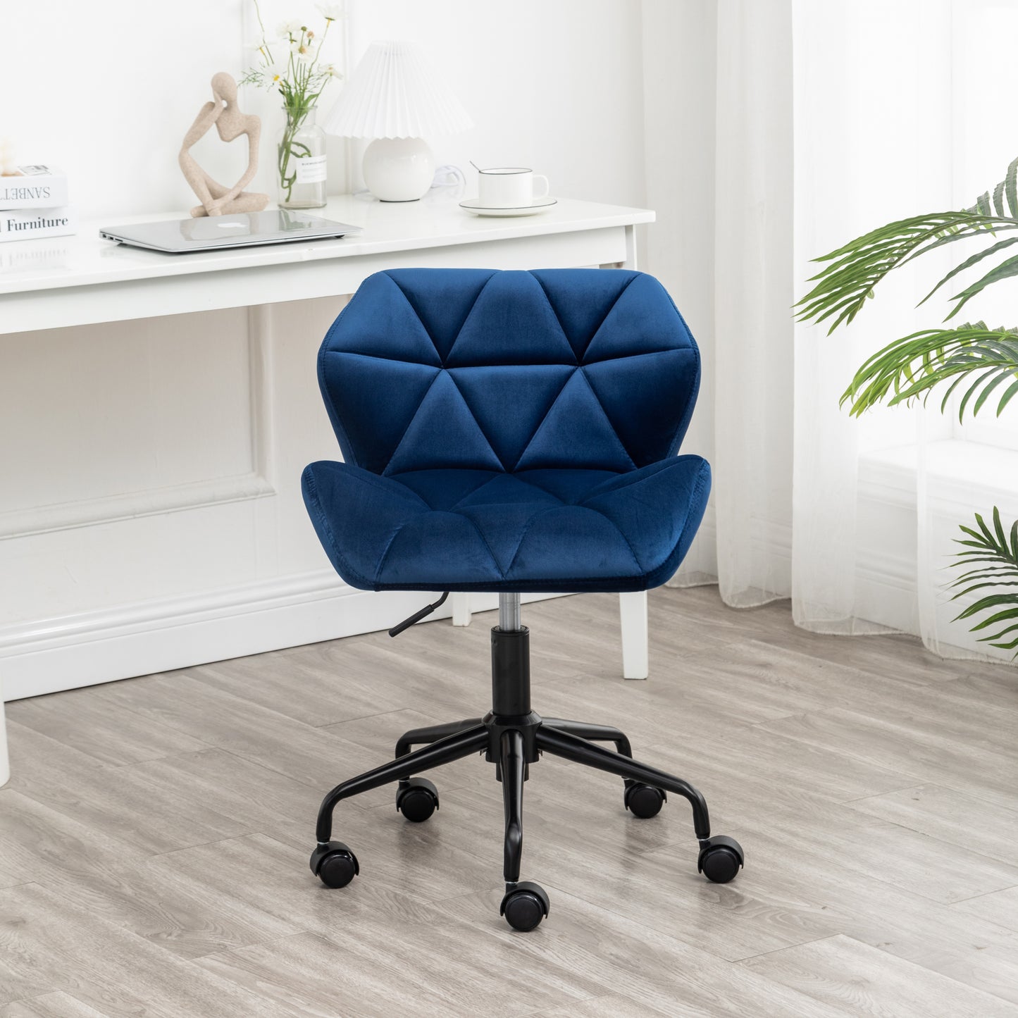 Blue Velvet Diamond Tufted Adjustable Swivel Office Chair