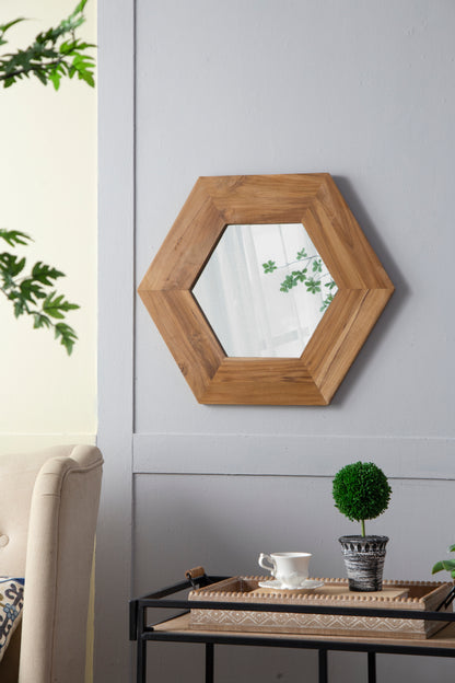 Hexagonal Teak Wood Framed Mirror - 18.5” Wall Decor for Living Room, Bathroom, or Hallway