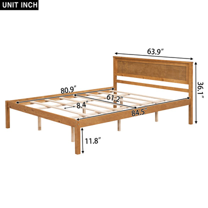 Elegant Oak Platform Bed Frame with Headboard - No Box Spring Required, Queen Size