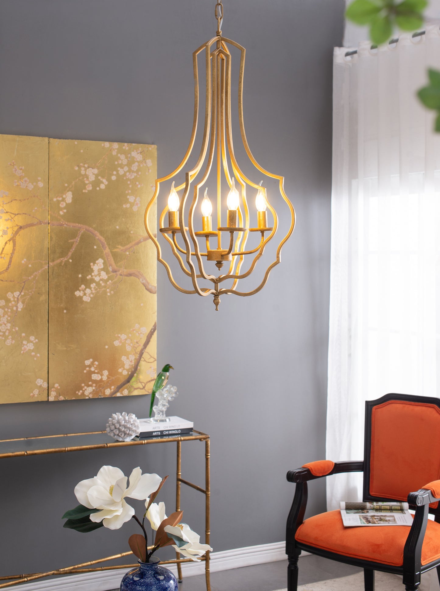 4-Light Iron Chandelier with Chain for Kitchen/Dining, 19.5in Square, 35in Height, 60W E12 Antique Gold