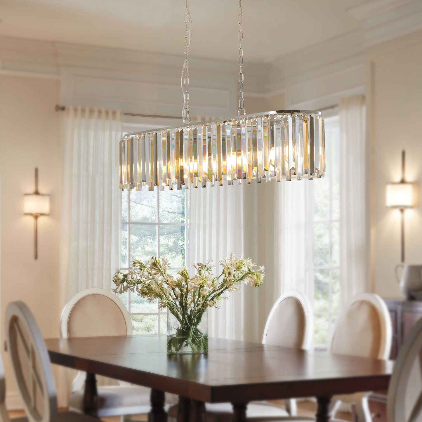 Modern Oval Crystal Chandelier for Dining Room, 39in L x 9.8in W, 8-Light, K9 Crystal, Chrome