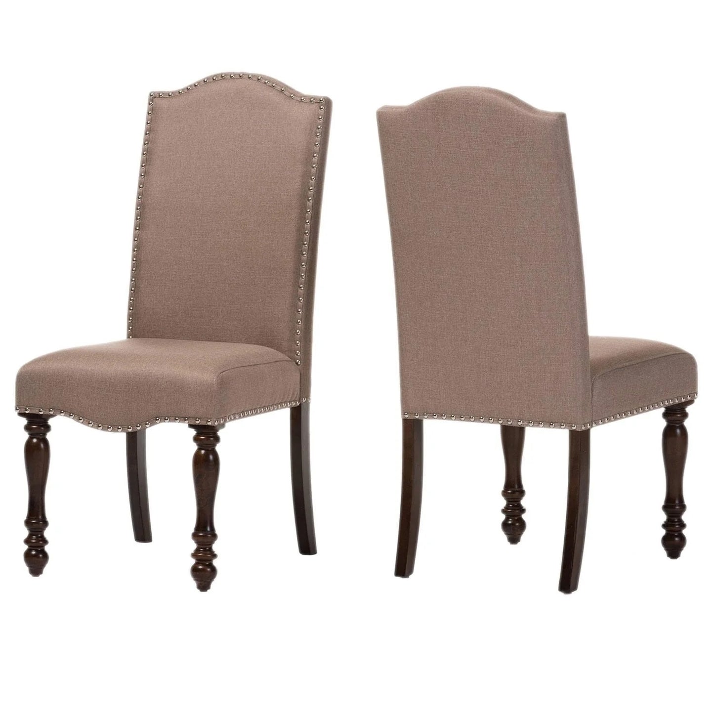 Set of 2 Contemporary Transitional Chairs, Padded Fabric, Solid Wood, Turned Legs, Beige + Antique Cherry
