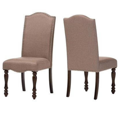 Set of 2 Contemporary Transitional Chairs, Padded Fabric, Solid Wood, Turned Legs, Beige + Antique Cherry