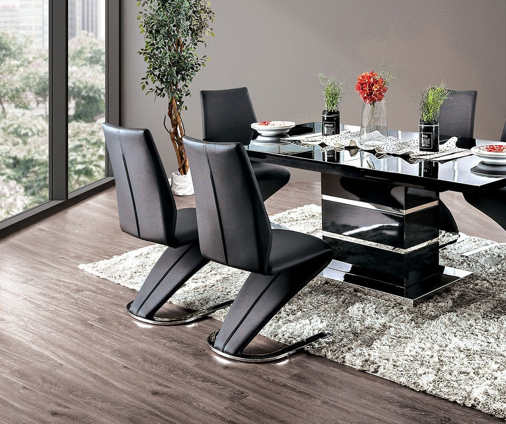 Set of 2 Contemporary Z-Shaped Dining Chairs with Leatherette, Metal Frame, Black, Chrome Finish