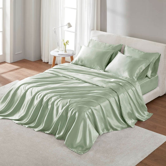 Full-Size Satin Sheet Set - 100% Polyester, Wrinkle-Free, 4 Pillowcases, Fitted 16-Inch Mattress, Sage