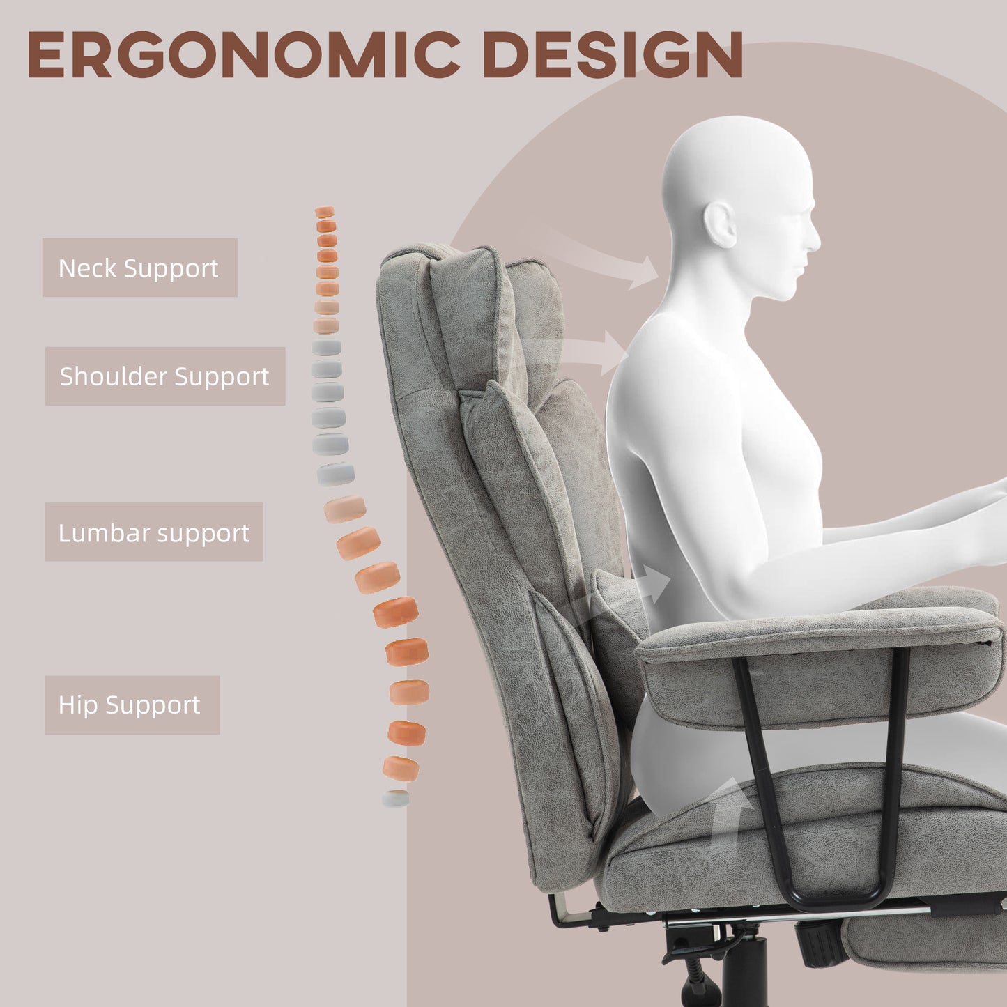 HOMCOM Big & Tall Ergonomic Office Chair with Footrest, 400lbs Capacity, Reclining Microfiber Desk Chair with Lumbar Support, Gray