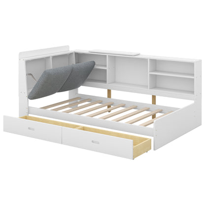 Elegant White Twin Size Platform Bed with Storage Headboard, Shelves, and Drawers