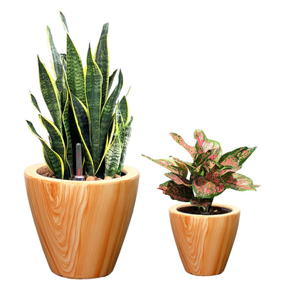 2-Pack 10-In Self-Watering Planter Pots, Wood-Look Plastic, UV Frost Resistant, Drainage Plug Light Brown