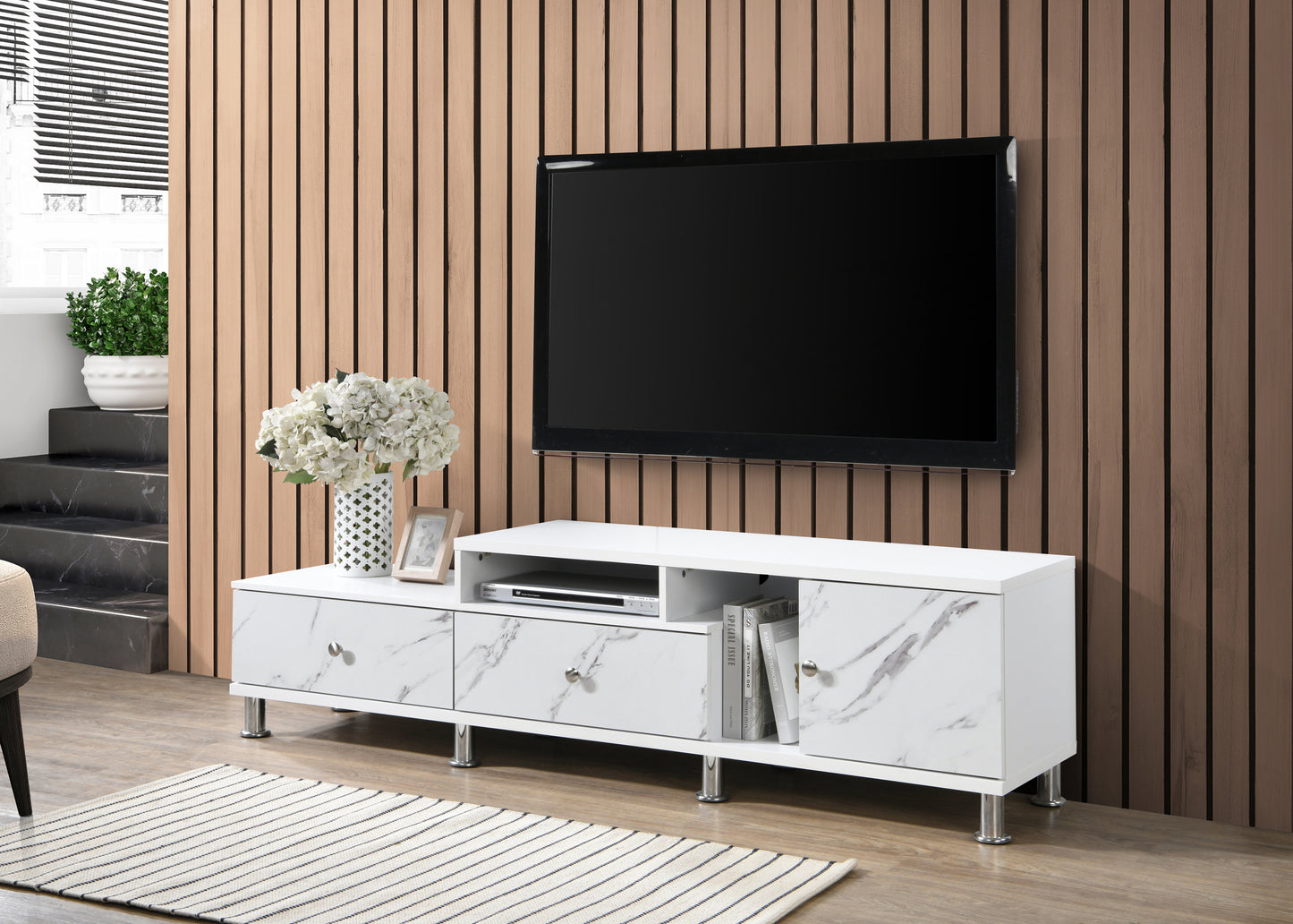 TV Stand for 60-69 Inch TVs with Faux Marble, 2 Doors, 2 Drawers, Silver-Tone Legs, White