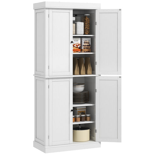 Elegant 72.5" White Freestanding Kitchen Pantry with Adjustable Shelves and 4 Doors