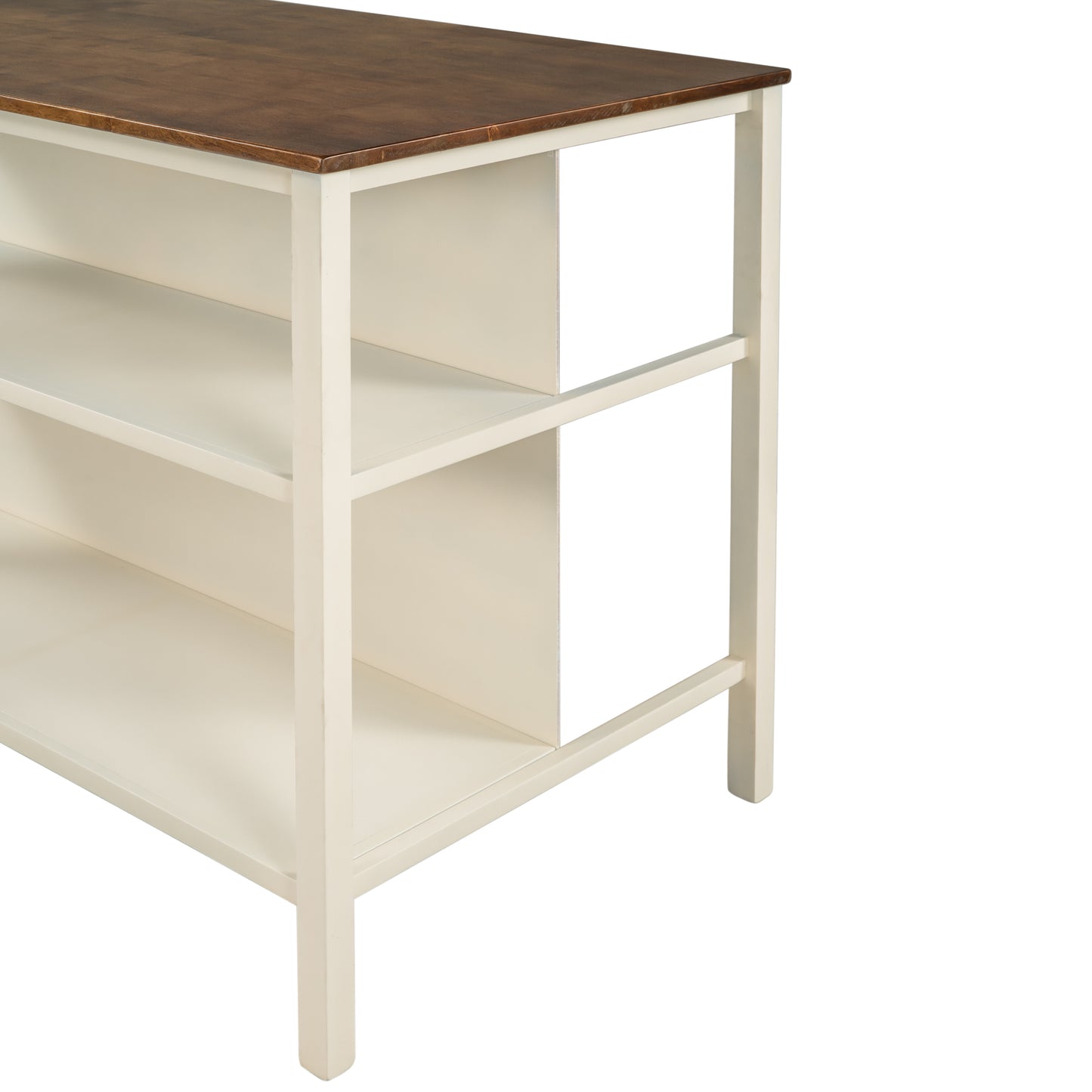 Rustic 45" Rubberwood Kitchen Island with Dual Open Shelves - Walnut & Cream White Finish