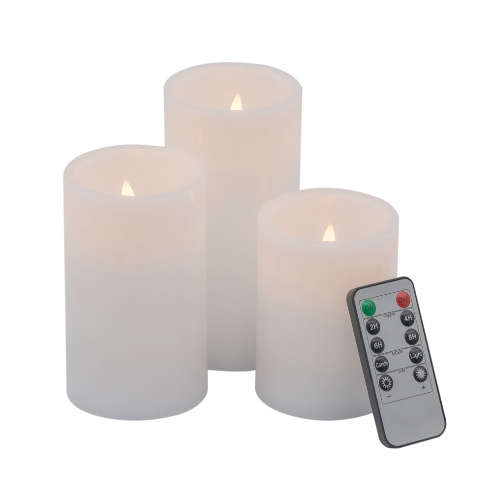 Three-Piece LED Candle Set with Remote Timer, 3-Inch Diameter and 4/5/6-Inch Heights Centerpiece White