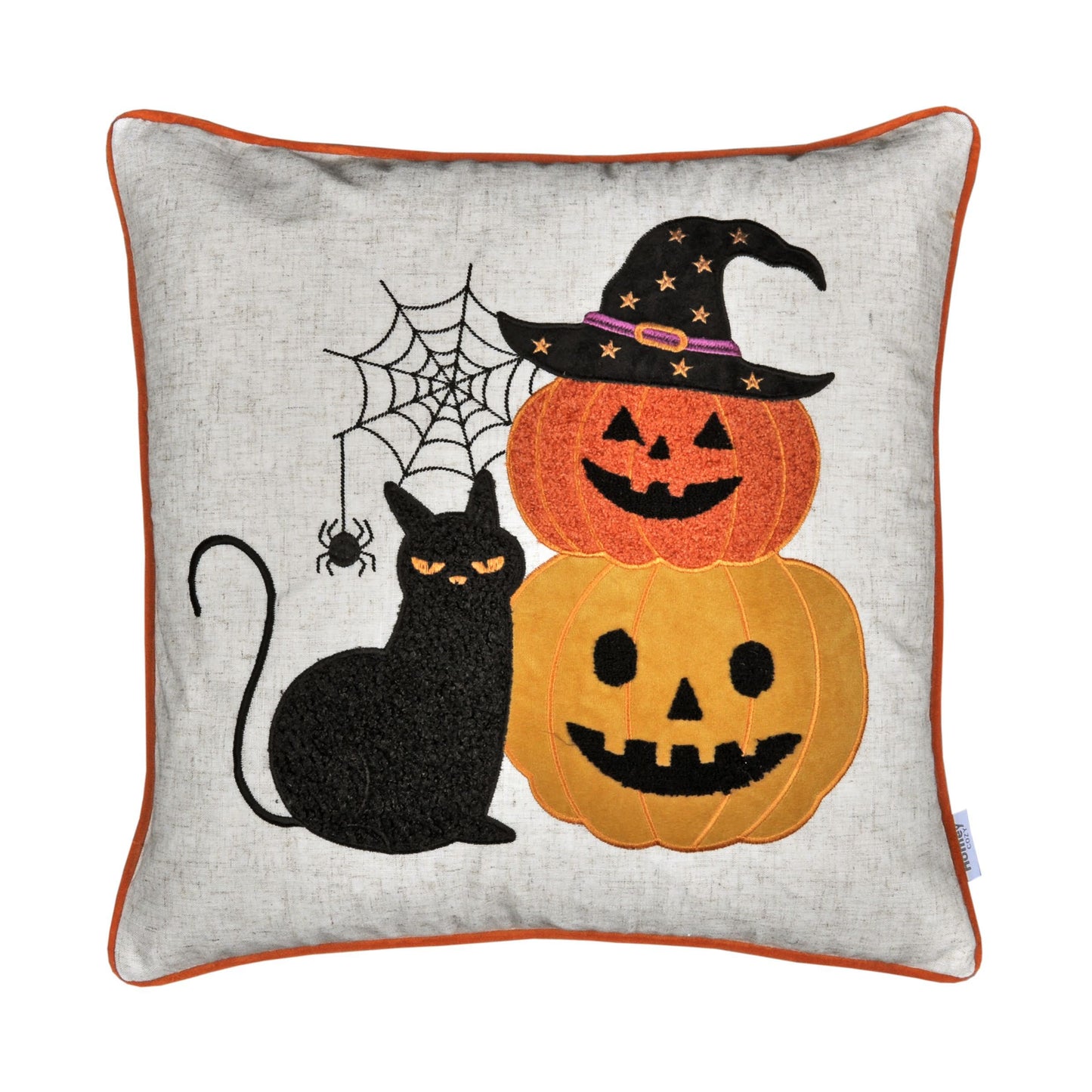 Embroidered Halloween Cat & Pumpkin Stack Throw Pillow, 20x20 in, Linen-Look Decor Cushion Natural