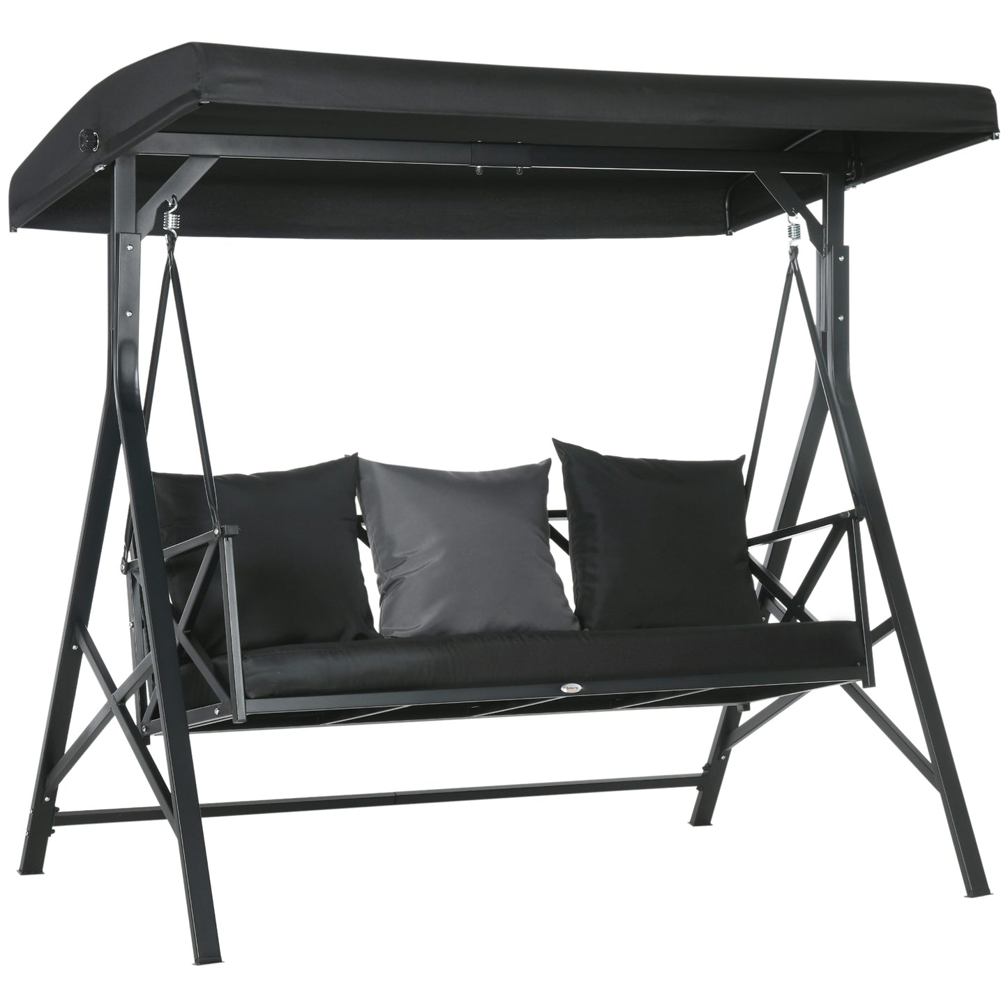 3-Seat Patio Swing Glider With Cushions, Steel Frame, Adjustable Canopy, 3 Pillows, For Porch Garden Poolside Black