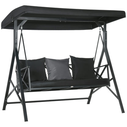 3-Seat Patio Swing Glider With Cushions, Steel Frame, Adjustable Canopy, 3 Pillows, For Porch Garden Poolside Black