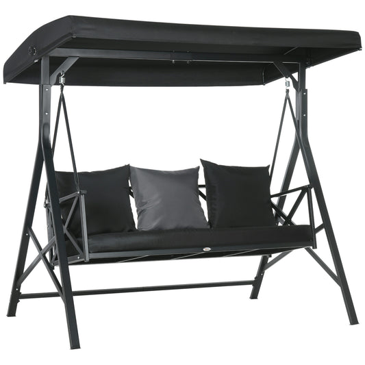 3-Seat Patio Swing Glider With Cushions, Steel Frame, Adjustable Canopy, 3 Pillows, For Porch Garden Poolside Black