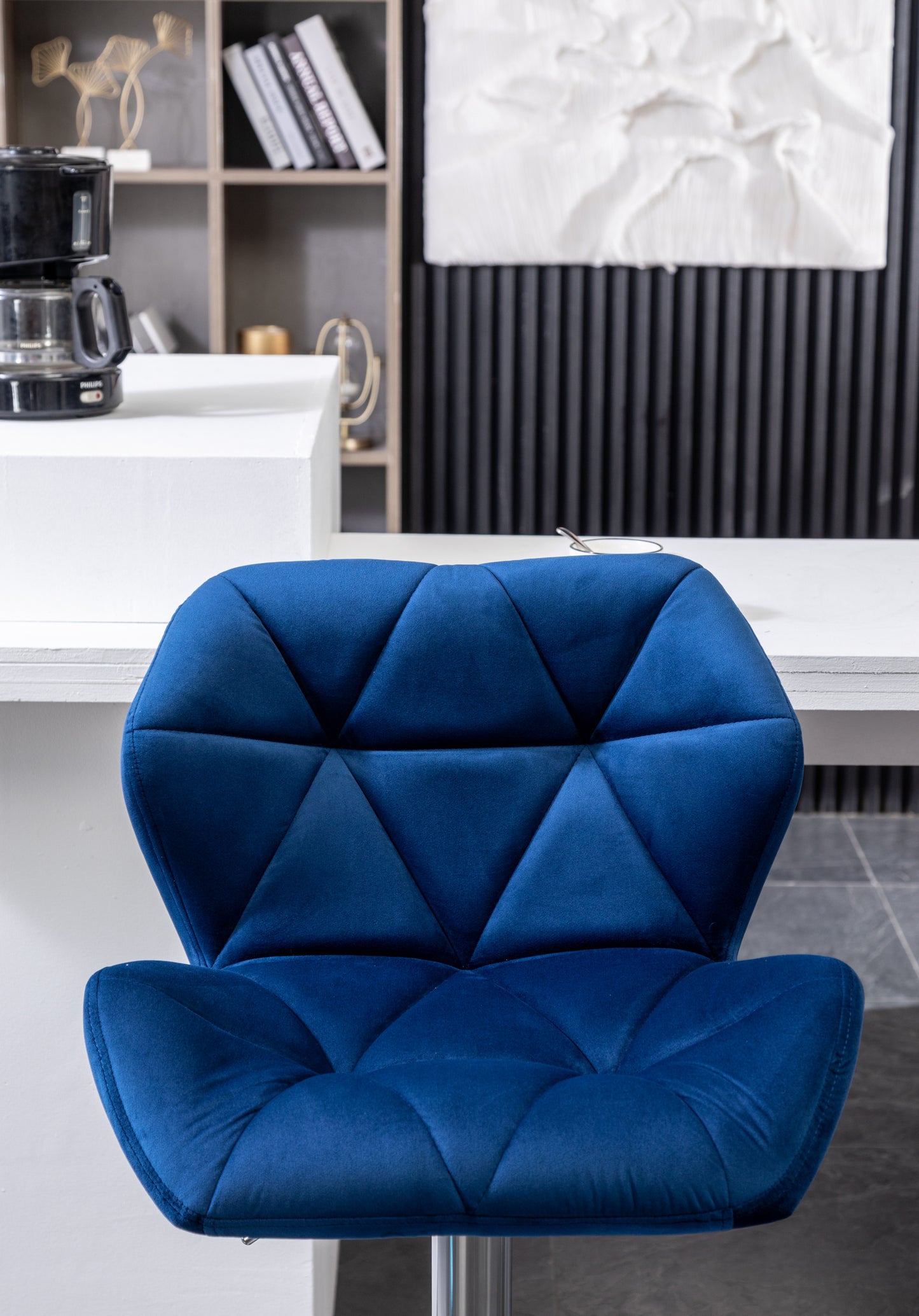 Breni Velvet Diamond Tufted Swivel Adjustable Height Barstool, Set of 2, Blue