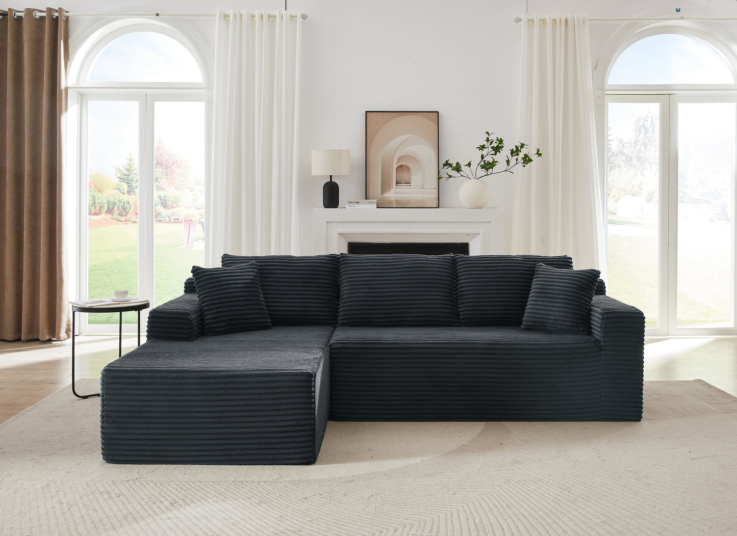 L-Shaped Sectional Sofa with Deep Seats, Corduroy Sleeper No Assembly, Ideal for Living Room, Dark Grey