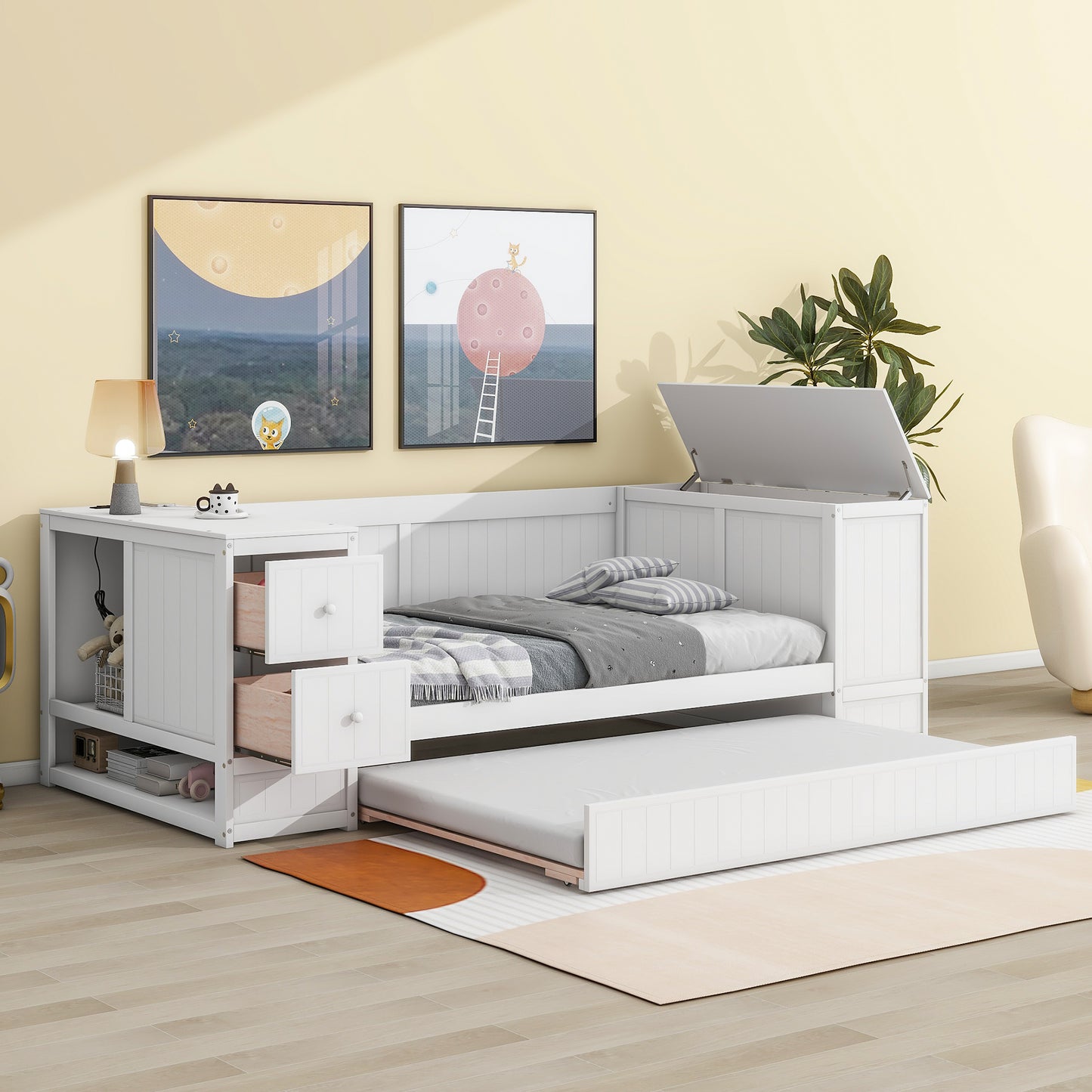 Elegant Twin Size Daybed with Storage and USB Charging, White
