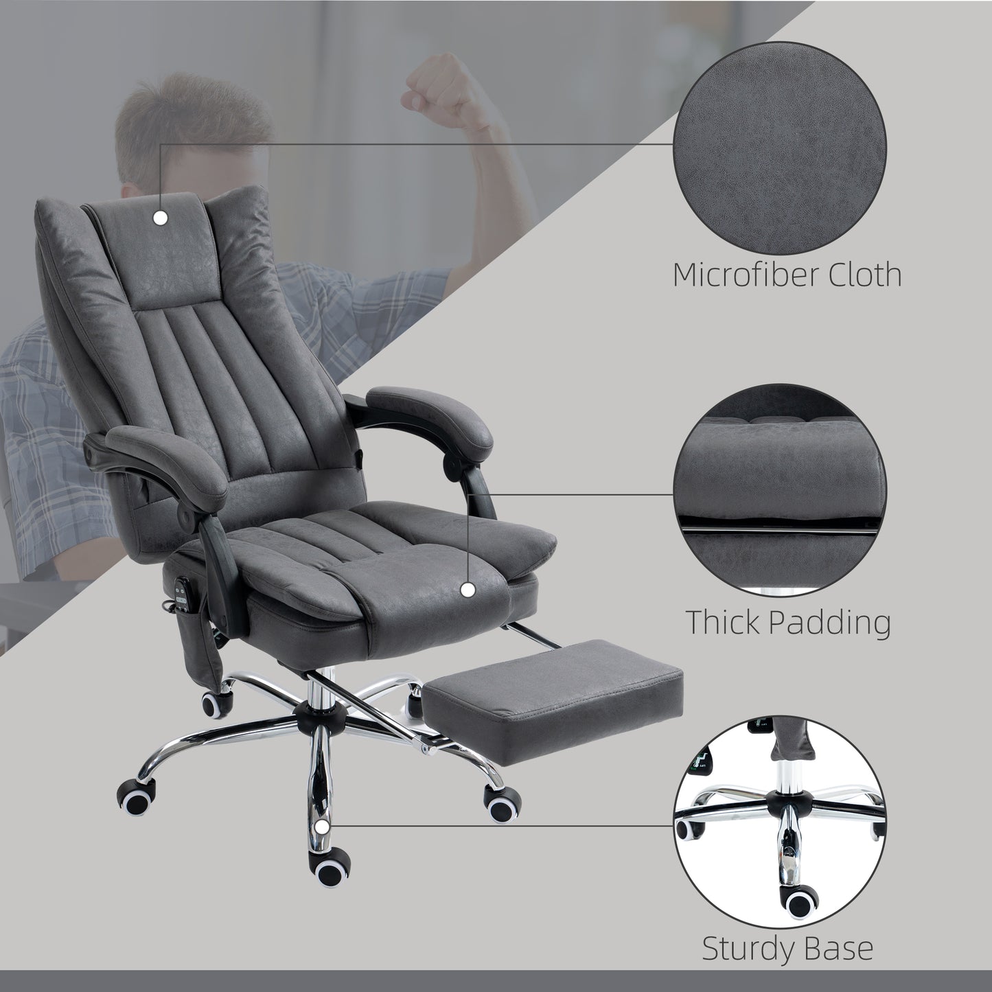 Vinsetto High Back Massage Office Chair with Heat, Adjustable Height, and Footrest - Rock Grey Microfiber