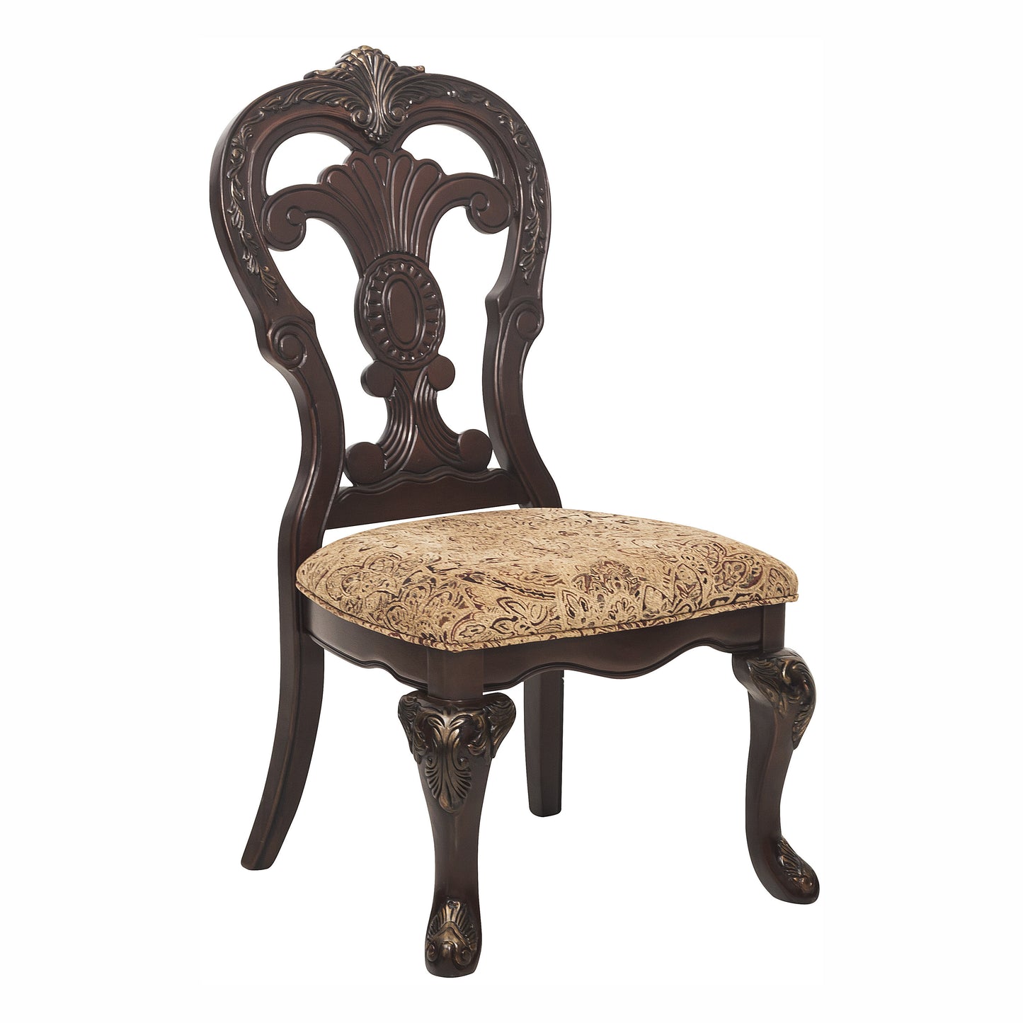 2-Piece Traditional Dining Side Chairs, Fabric Upholstered Wood Frame Gold Tipping, 21.25 in Seat, Cherry