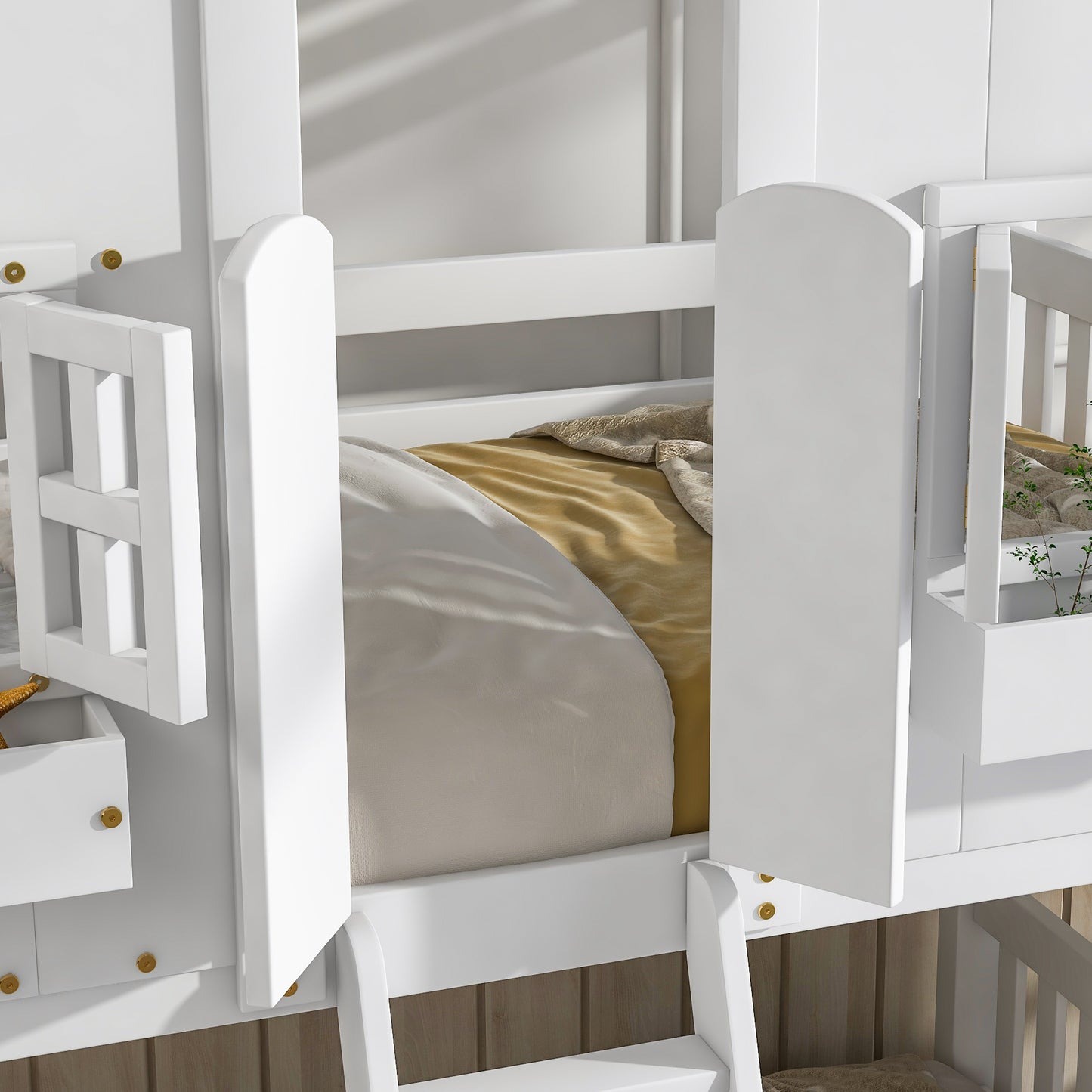 Charming Twin Over Twin House Bunk Bed with Roof and Window Features, Safety Guardrails and Ladder, White