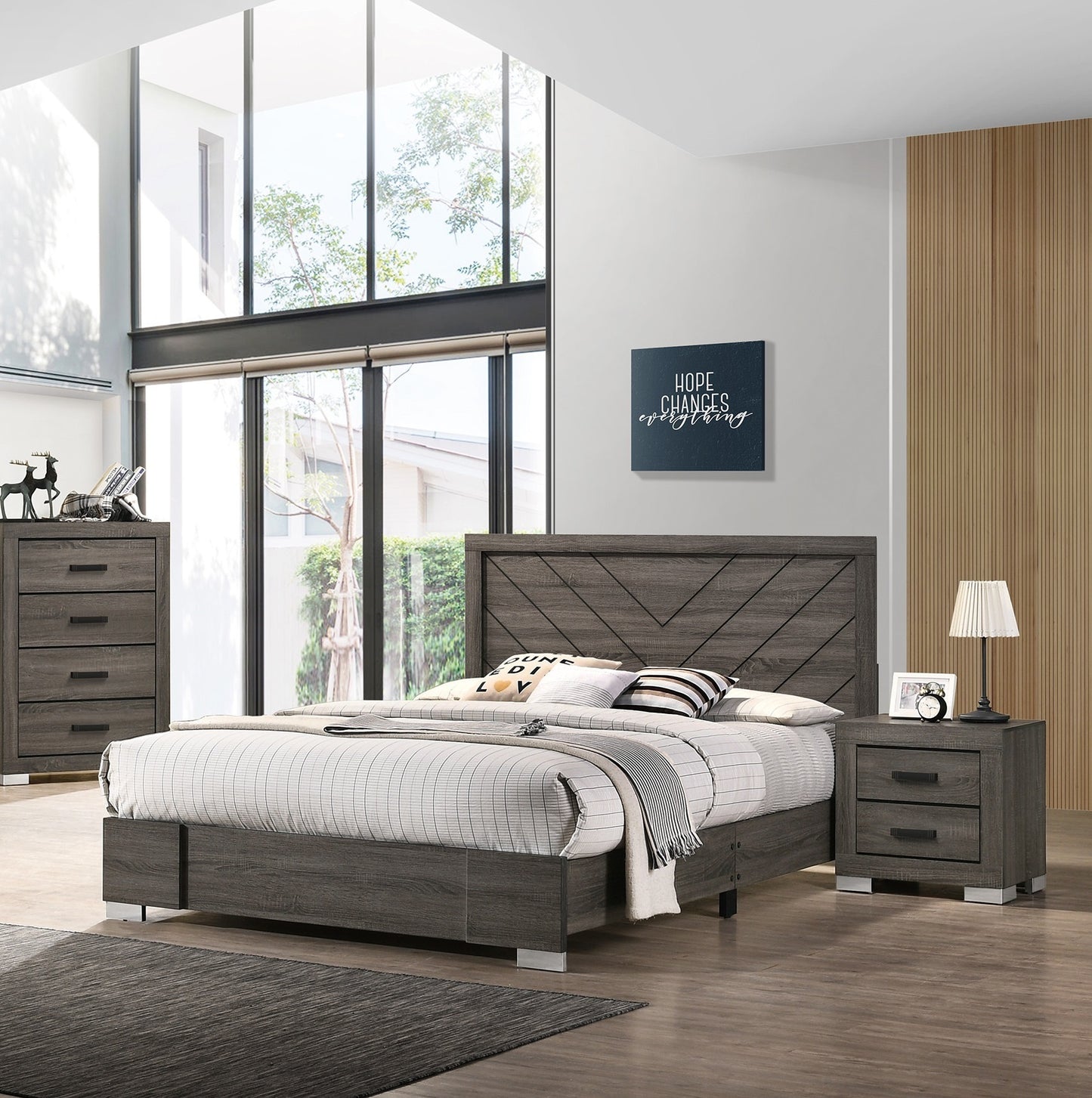 Stylish Grey Wooden Queen Bed with Unique Headboard Design