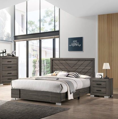 Stylish Grey Wooden Queen Bed with Unique Headboard Design