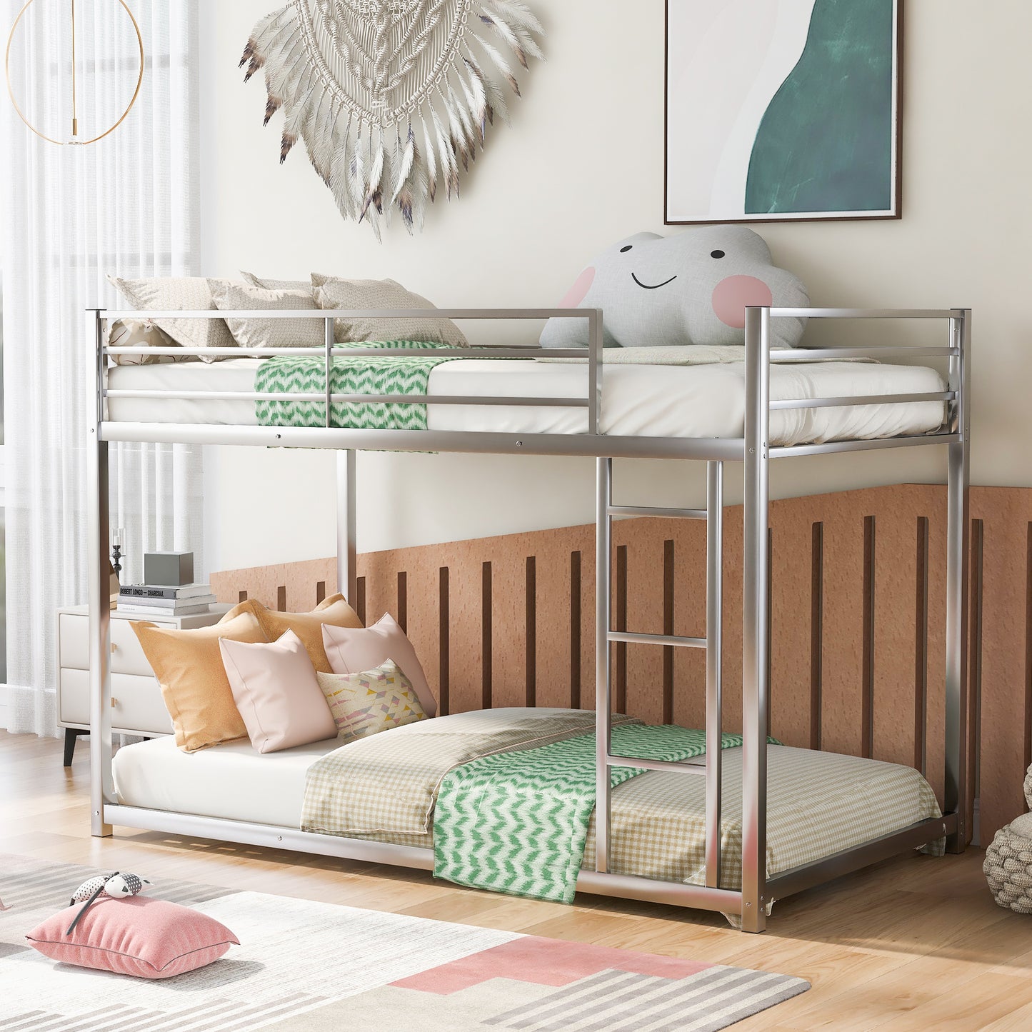 Silver Twin Over Twin Low Metal Bunk Bed with Ladder