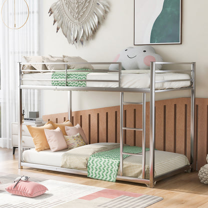 Silver Twin Over Twin Low Metal Bunk Bed with Ladder