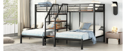 Black Metal Triple Bunk Bed with Storage Shelves and Staircase - Twin Over Twin Configuration
