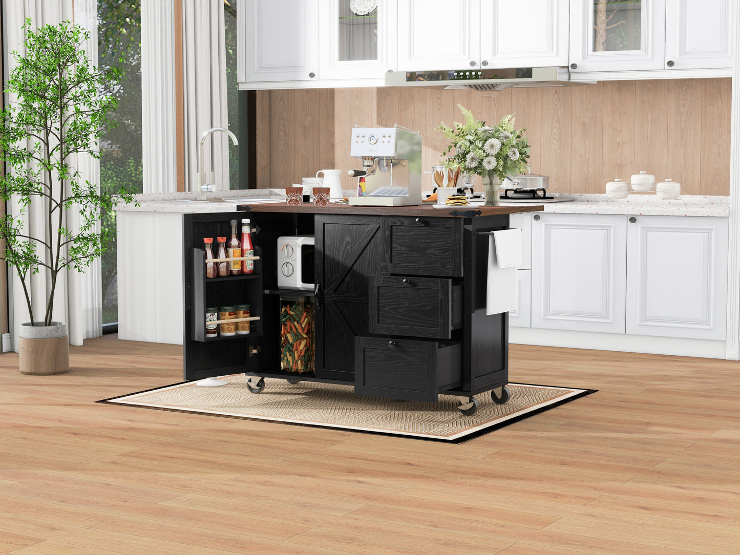 54.5" Rustic Farmhouse Kitchen Island with Power Outlet, Internal Storage, Drop Leaf, and Rolling Wheels for Home and Dining Room - Black