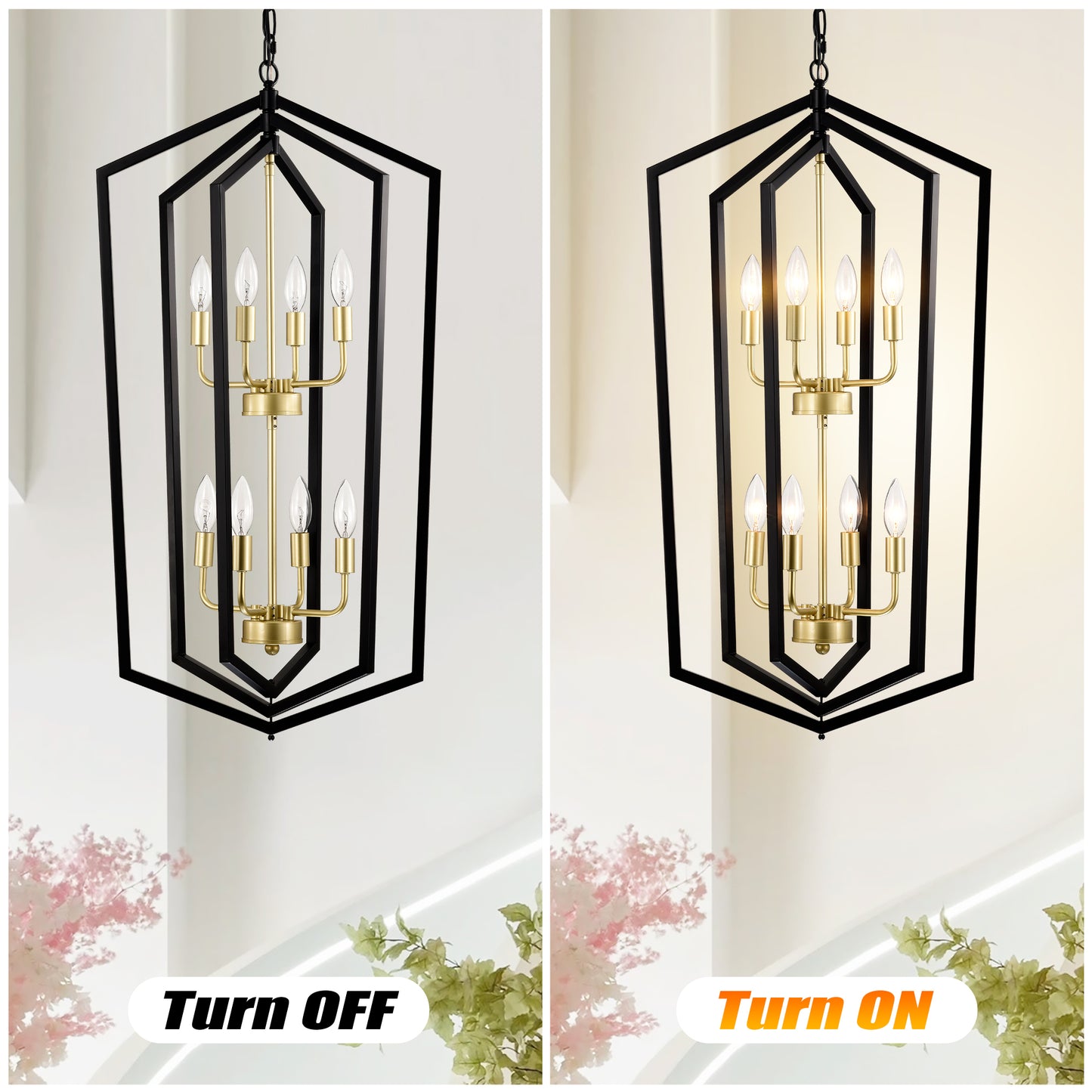 8-Light Lantern Farmhouse Pendant Chandelier for Kitchen Island & Dining, Metal E12 Sockets - Matte Black