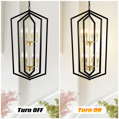 8-Light Lantern Farmhouse Pendant Chandelier for Kitchen Island & Dining, Metal E12 Sockets - Matte Black