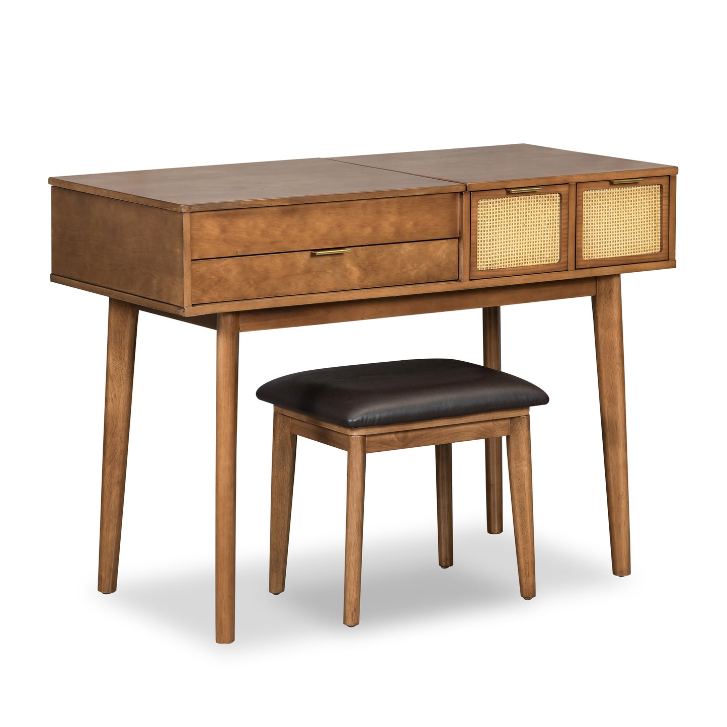 43.3-Inch Classic Wood Vanity Set with Flip-Top Mirror, Stool, 3 Drawers for Dressing Table Bedroom Brown