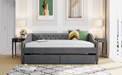 Elegant Gray Upholstered Full Size Daybed with Storage Drawers and Wood Slat Support
