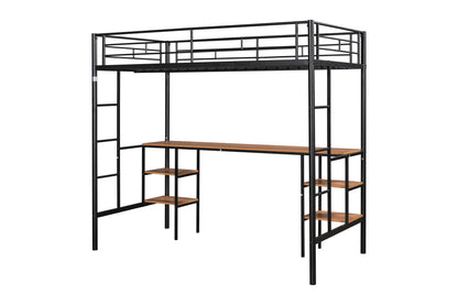 Space-Saving Twin Loft Bed with Integrated Desk & Shelves - Durable Black Metal Design
