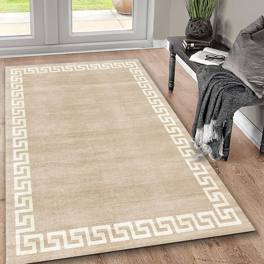 5x7 ft Washable Non-Slip Area Rug, Low-Pile Polyester, TPR Backing, Durable Rug for Entryway, Beige