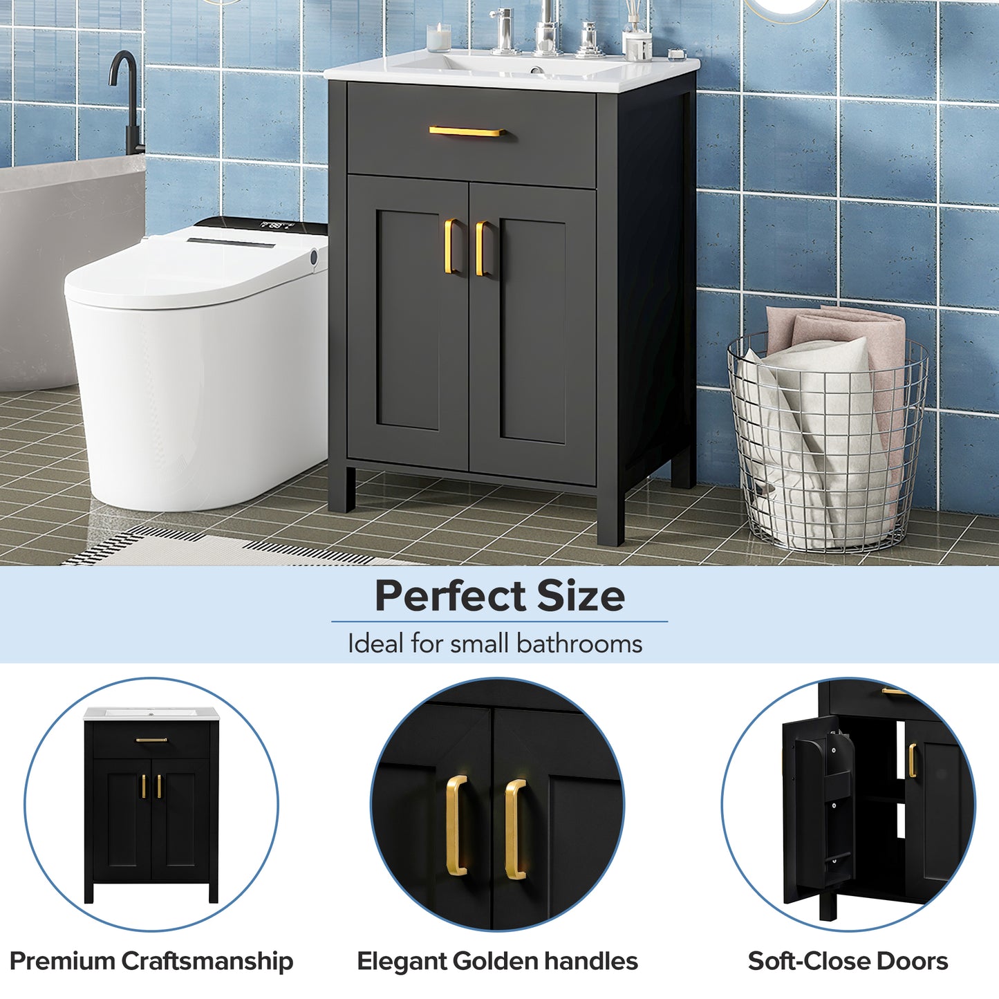 Compact 24" Luxurious Bathroom Vanity Combo with Ceramic Sink and Soft Close Doors