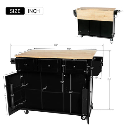 Black Kitchen Island Cart with Drop-Leaf Rubber Wood Top, Storage Cabinet, and Rolling Wheels
