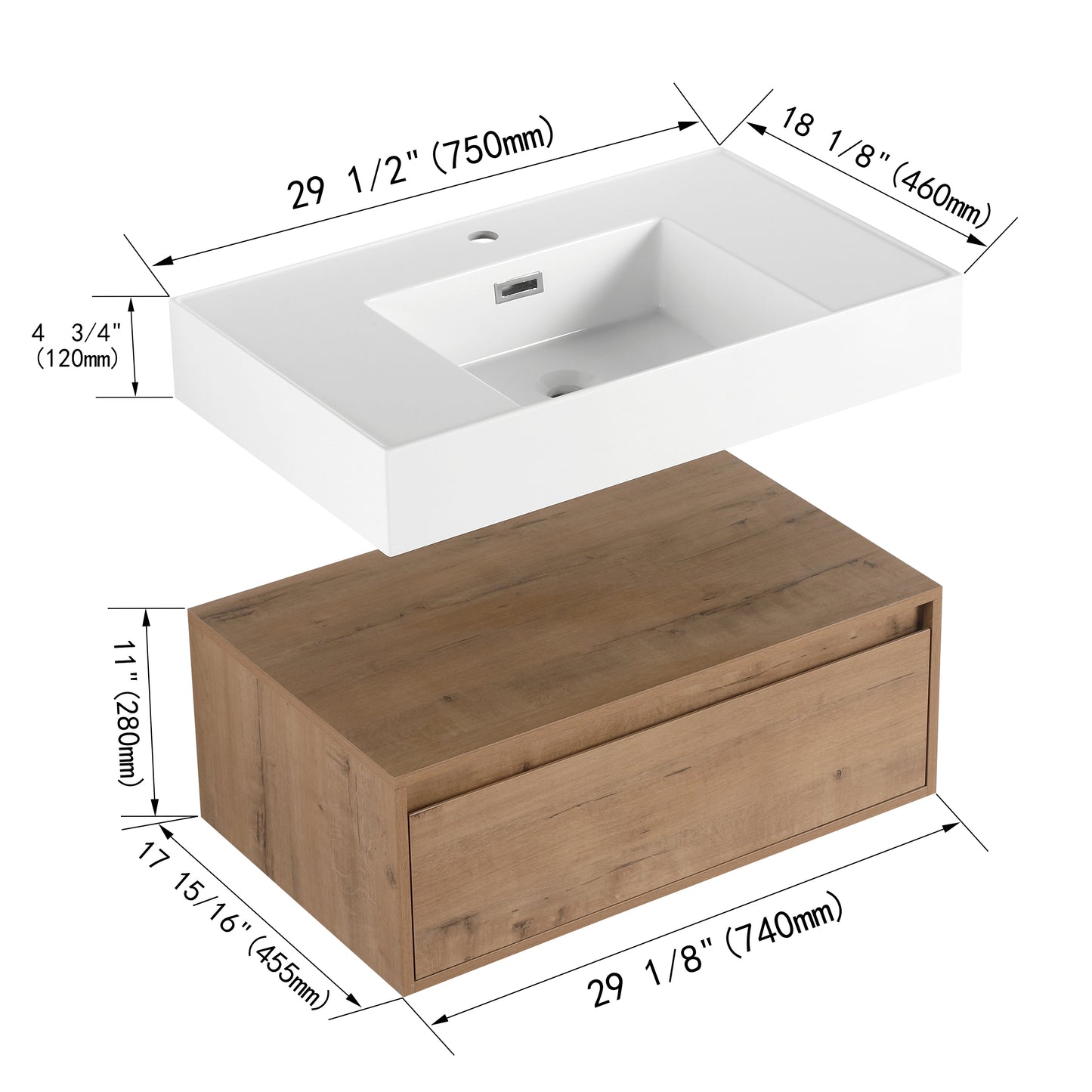 Modern 30-Inch Wall-Mounted Bathroom Vanity with Soft-Close Drawer and Elegant Resin Sink