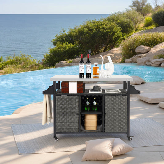 Outdoor Bar Cart With Rolling Island And Storage Cabinet For Patio Kitchen Use Stainless Steel Extended Table Top Grey
