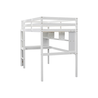Twin Loft Bed with Integrated Desk and Shelves, Safety Guardrails, and Ladder in White
